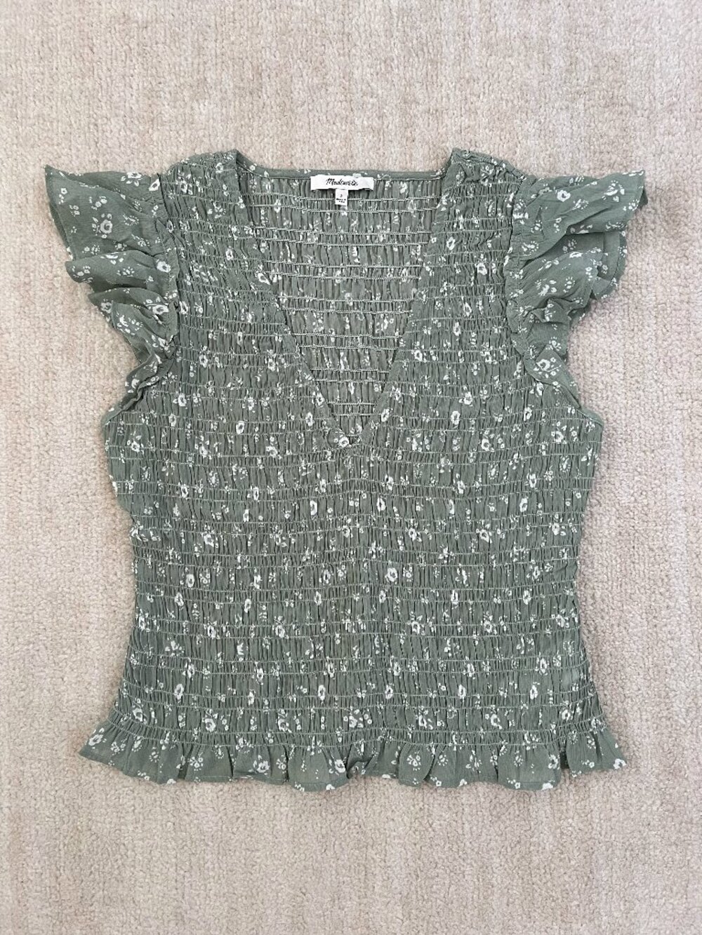 Madewell Lucie Smocked Top Cottage Garden Green Floral V-Neck Flutter Sleeve 2